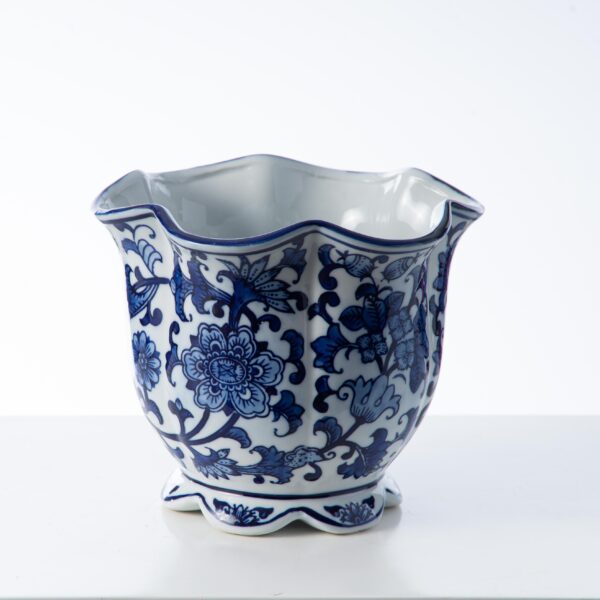 Blue and White Porcelain Chinoiserie Jardiniere Pot - Blue, artificial plant