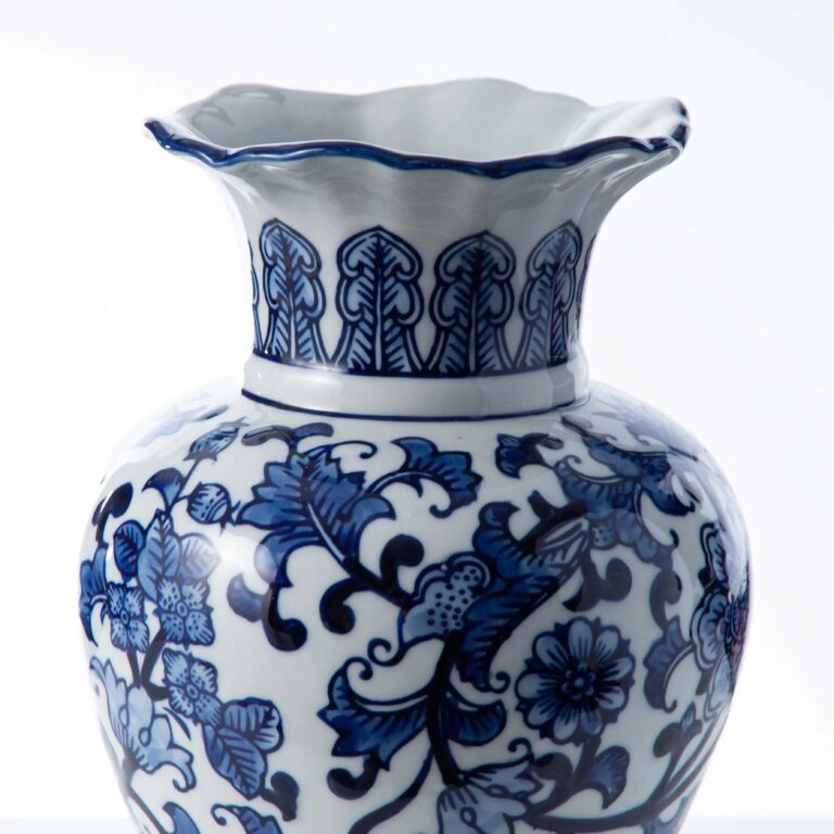 Close-up of vase silhouette detail on this Blue and White Porcelain Chinoiserie Medium Begonia Vase