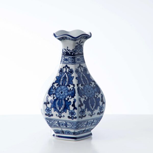 Blue and White Porcelain Chinoiserie Hexagonal Pear - Shaped Vase - Blue