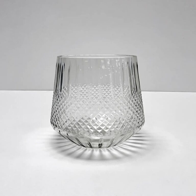 Etched Clear Glass Vase Embossed Diamond Cut Round Tapered Bottom Vessel - Default Title