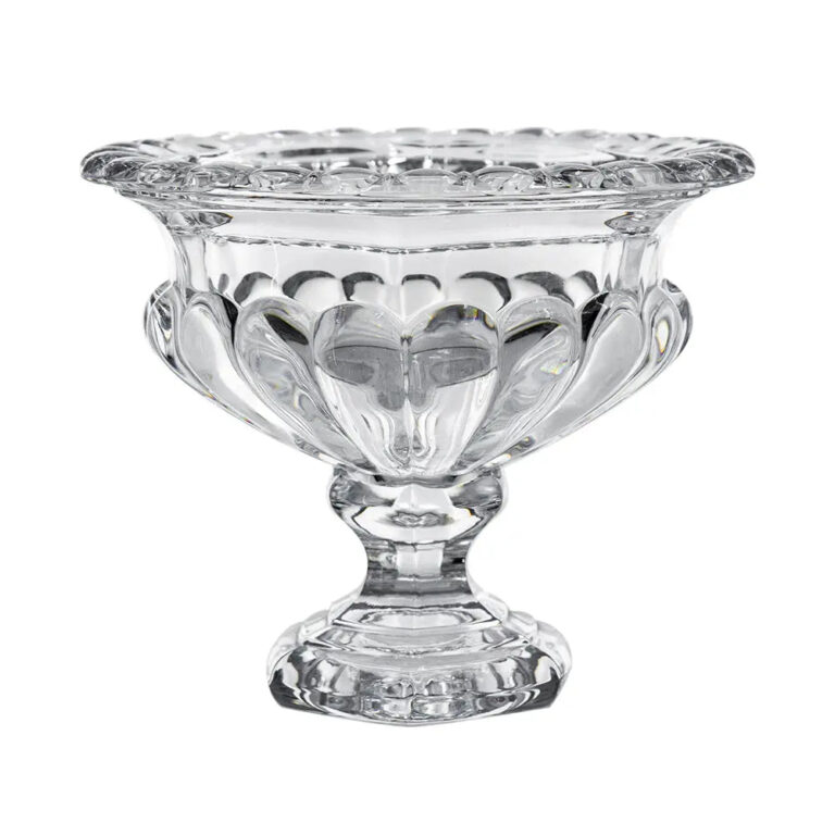 Close-up of vase silhouette detail on this Clear Crystal Glass Beveled Pedestal Compote Bowl Vase