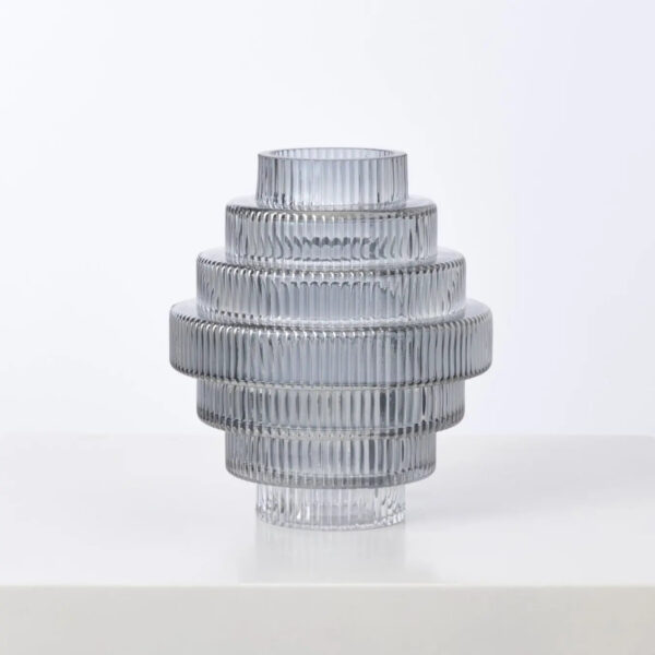 Multi - Tiered Geometric Smoke Blue Fluted Glass Vase