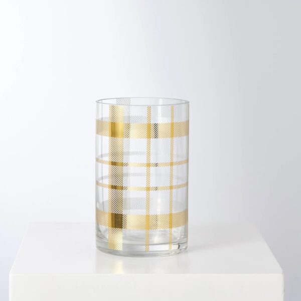 Gold Plaid Pattern Embossed Clear Glass Holiday Vase Cylinder - 5 inch L x 5