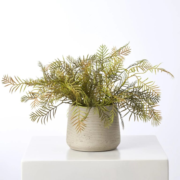 Close-up of leaf foliage texture on this Light Grey Washed Faux Concrete Concrete Shaped Planter