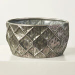 Galvanized Silver Metal Diamond Pattern Planter Round Decorative Vessel - Galvanized Silver Metal