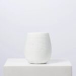 Matte White Horizontal Groove Cement Flower Pot, artificial plant