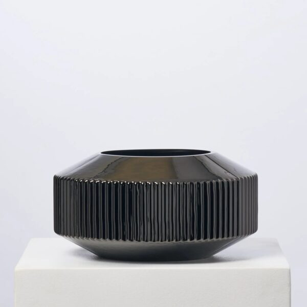 Black Ribbed Glass Rotunda Wide Planter Vase - Black