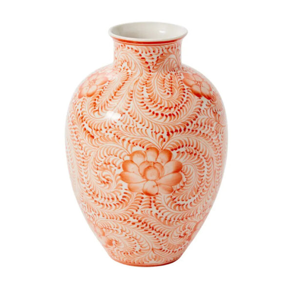 Coral Orange and White Hand Painted Chinoiserie Ceramic Eleanor Flower Vase - Coral Orange