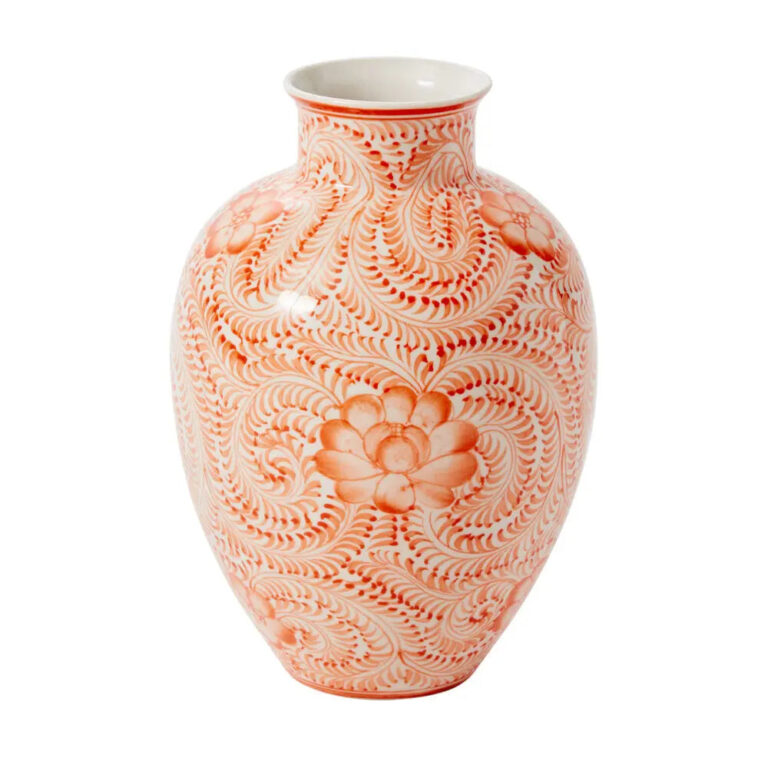 Coral Orange and White Hand Painted Chinoiserie Ceramic Eleanor Flower Vase - Coral Orange