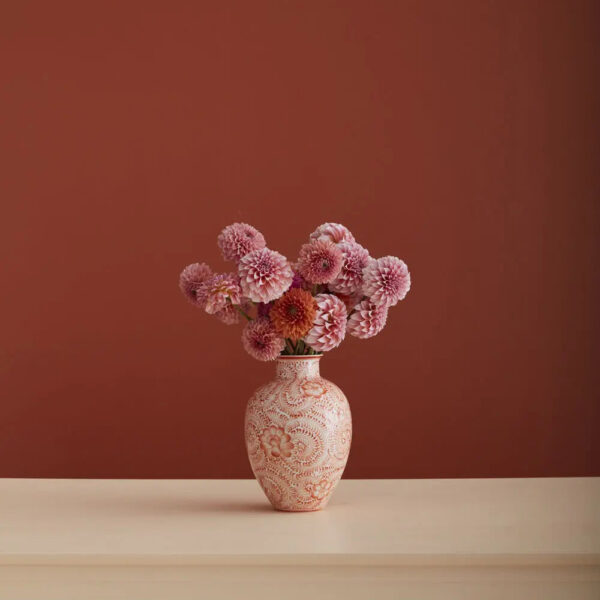 Close-up of leaf foliage texture on this Coral Orange and White Hand Eleanor Flower Vase