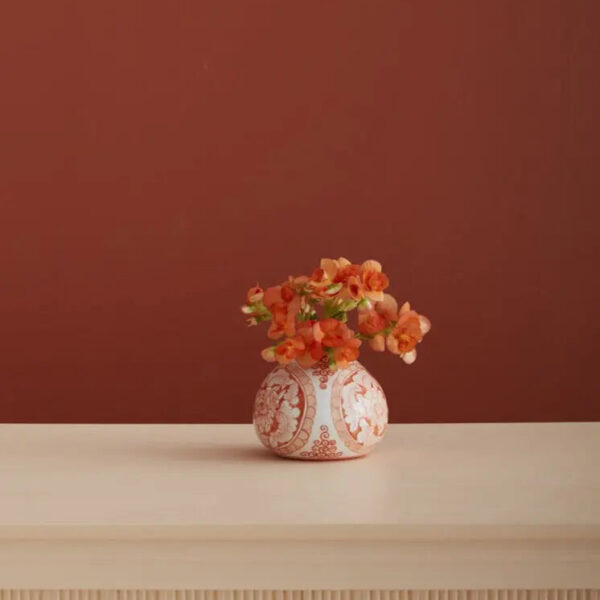 Close-up of leaf foliage texture on this Coral Orange and White Hand Painted Chinoiserie Ceramic