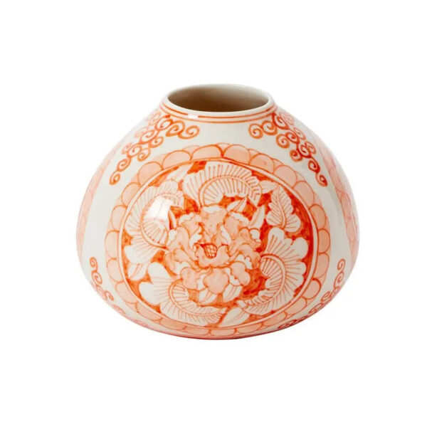 Coral Orange and White Hand Painted Chinoiserie Ceramic Eleanor Bulb Budvase - Coral Orange, artificial