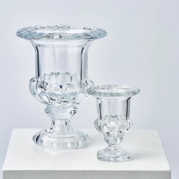 Close-up of vase silhouette detail on this Large Elegant Beveled Glass Decorative Decorative Pedestal Vase