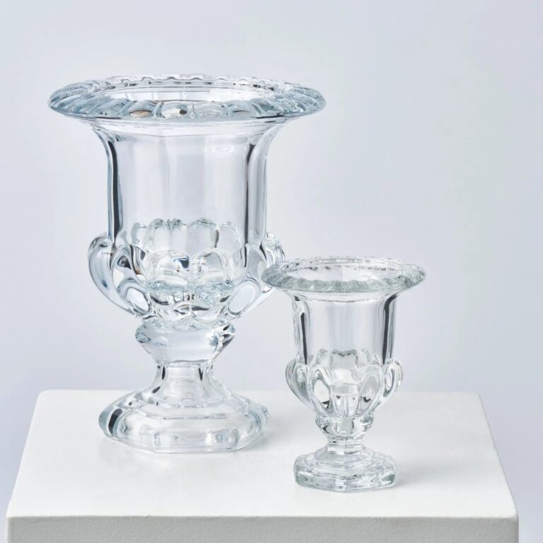 Close-up of vase silhouette detail on this Large Elegant Beveled Glass Decorative Decorative Pedestal Vase