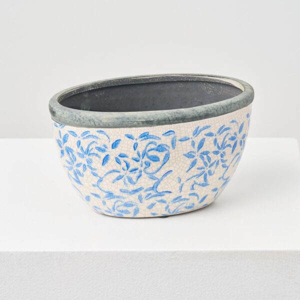 Vintage Blue Floral Aged Ceramic Crackle Glaze Oval Planter