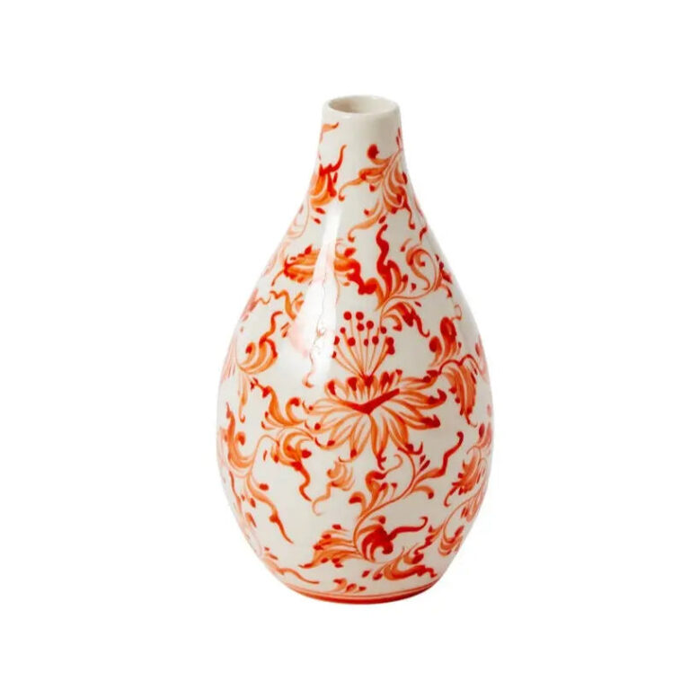 Coral Orange and White Hand Painted Chinoiserie Ceramic Eleanor Budvase - Coral Orange, artificial plant