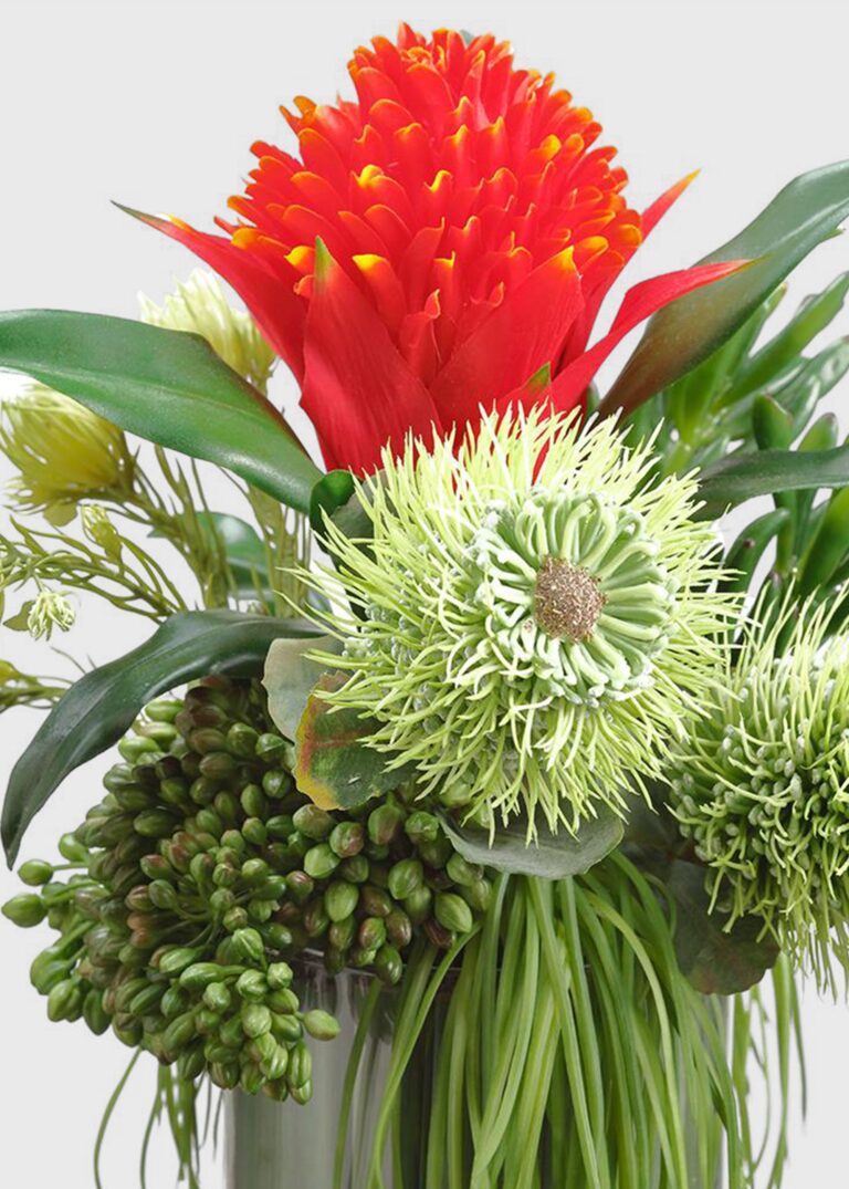 Close-up of bloom cluster detail on this Red Fake Bromeliad and Protea Tropical Flower Arrangement