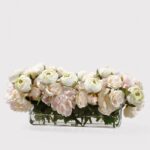 Pink Fake Peony and Rose Arrangement in Low Glass Rectangle Vase - 23 inch