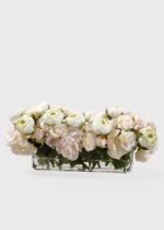 Pink Fake Peony and Rose Arrangement in Low Glass Rectangle Vase - 23 inch