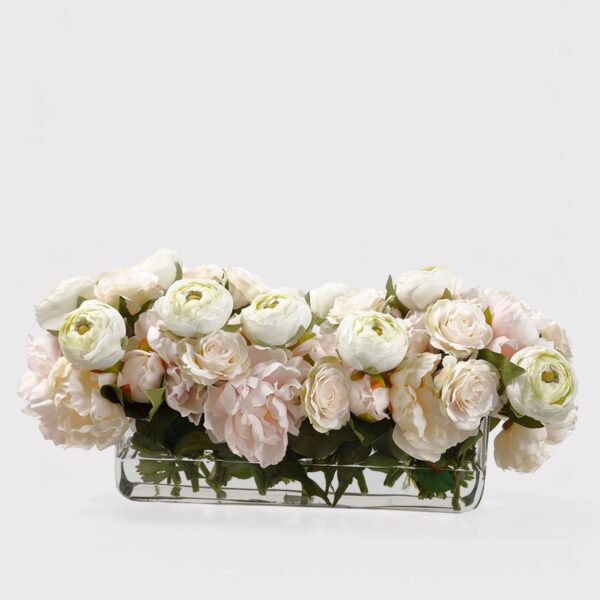 Pink Fake Peony and Rose Arrangement in Low Glass Rectangle Vase - 23 inch