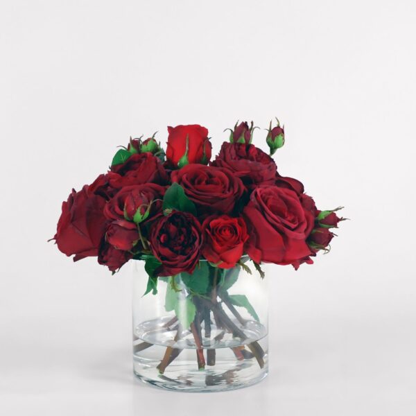 Faux Arrangement of Red Roses in Glass Vase - 13 inch