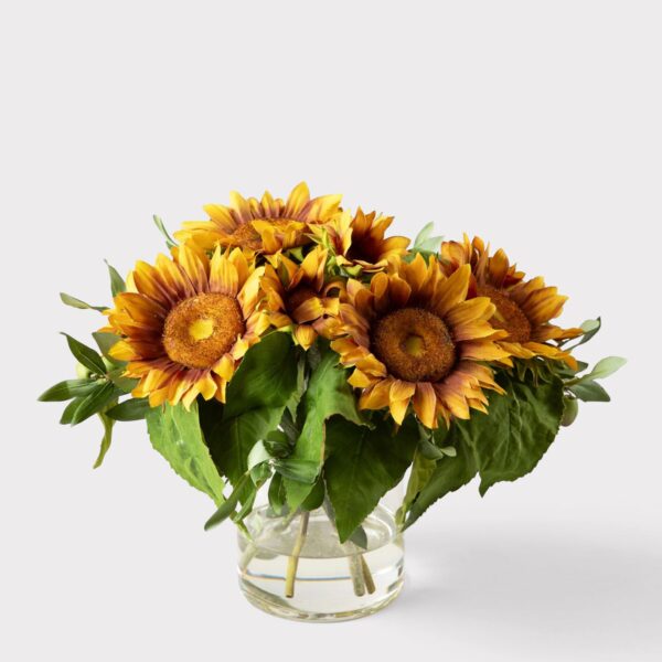 Faux Sunflower and Olive Leaf Arrangement in Glass Vase - 11 inch