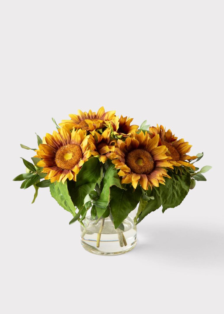 Faux Sunflower and Olive Leaf Arrangement in Glass Vase - 11 inch