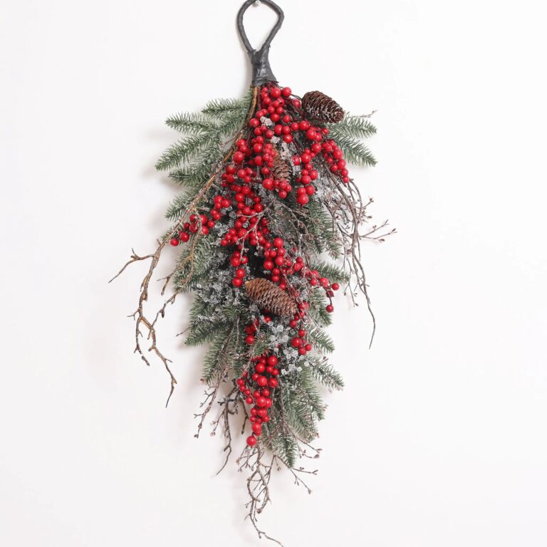 Waterproof Red Berry, Pinecone and Iced Twig Christmas Teardrop Front Door Holiday Swag