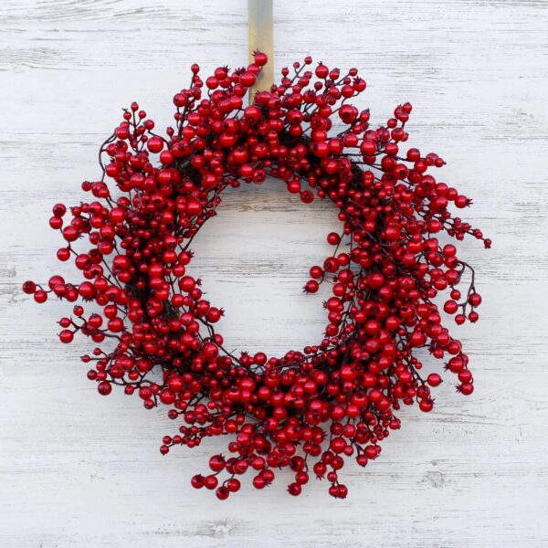 Close-up of blooms and berries on this Waterproof Red Berry Front Door Front Door Wreath
