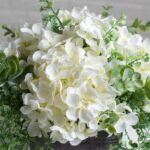 The White Hydrangea and Mixed Eucalyptus Tin Window Planter shown in full, highlighting branch layering