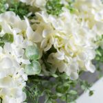 Close-up detail capturing leaf foliage texture of the White Hydrangea and Mixed Eucalyptus Tin Window