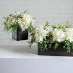 Close-up of leaf foliage texture on this White Hydrangea and Mixed Eucalyptus Tin Window Planter