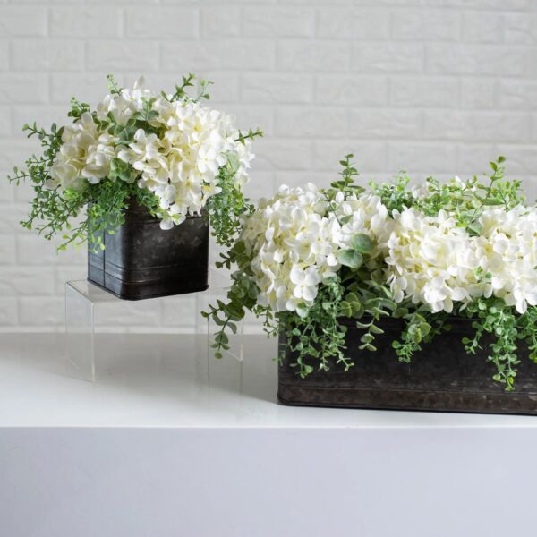 Close-up of leaf foliage texture on this White Hydrangea and Mixed Eucalyptus Tin Window Planter