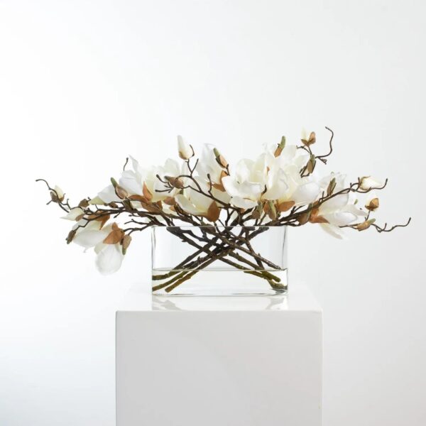 Close-up of vase silhouette detail on this White Magnolia Blossom Branch Centerpiece Oval Pocket Vase