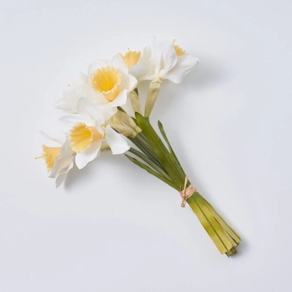 White Silk Daffodil Faux Floral Bouquet Bundle of 6 Wired Stems - 12 inch