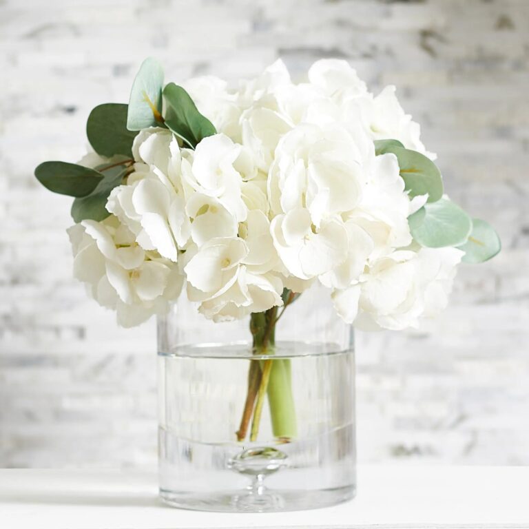 White Hydrangea and Eucalyptus Water Illusion Arrangement in Glass Cylinder Vase