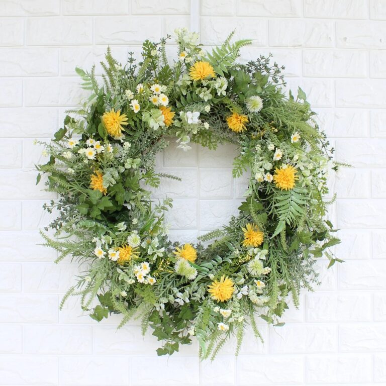Yellow and White Dried - Look Wildflower, Green Astilbe Summer Fall Wreath