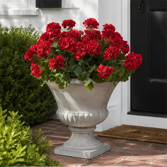 Close-up of bloom cluster detail on this Lifelike Red Geranium Faux Floral Urn Filler Arrangement