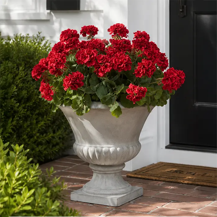 Close-up of bloom cluster detail on this Lifelike Red Geranium Faux Floral Urn Filler Arrangement