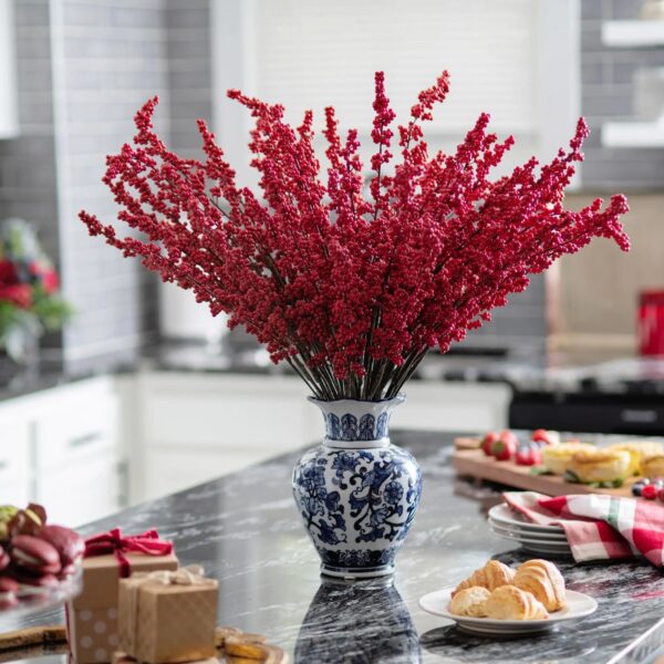 Red Ilex Berry In Blue and White Chinoiserie Floral Vase Christmas Holiday Arrangement Centerpiece