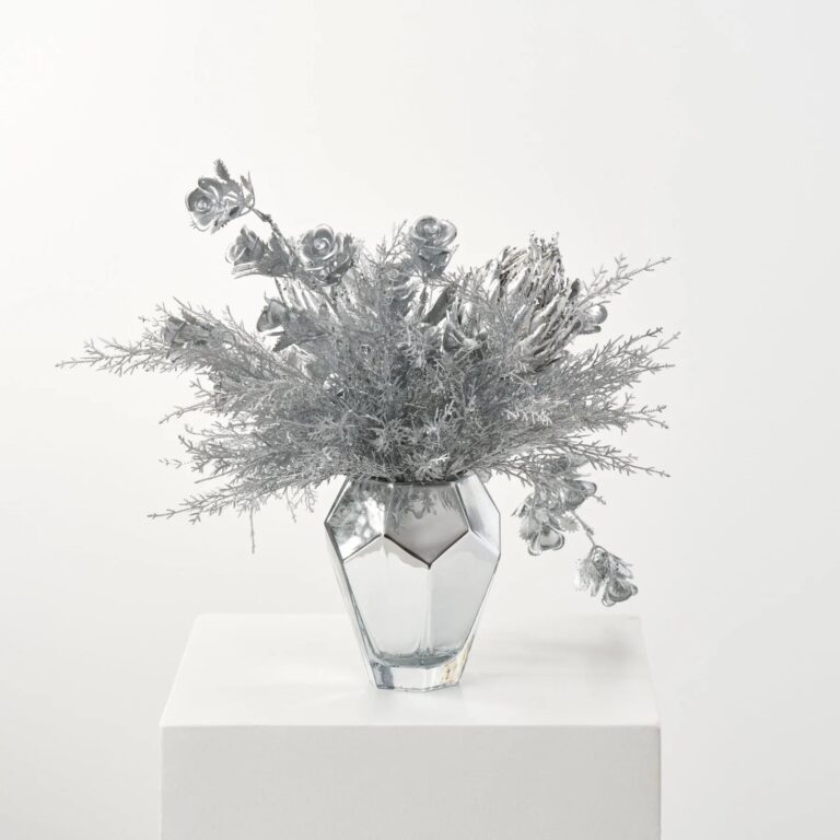 Close-up of vase silhouette detail on this Ice Queen - Silver Protea, Holiday Christmas Arrangement