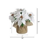 Close-up of branch layering on this 13 inch Artificial Poinsettia Arrangement Burlap Planter