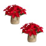 Detail view of planter detail from the 13 inch Artificial Poinsettia Arrangement Burlap Planter