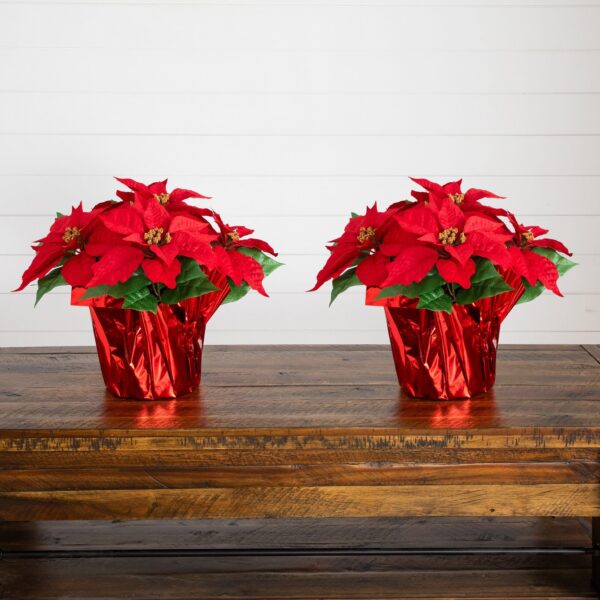 13 inch Artificial Poinsettia Arrangement in Red Wrapped Planter - Set of 2