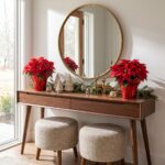 Alternate angle of the 13 inch Artificial Poinsettia Arrangement Red Wrapped Planter showing full plant