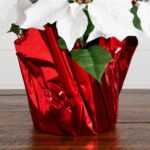 Second angle of the 13 inch Artificial Poinsettia Arrangement Red Wrapped Planter focusing on planter