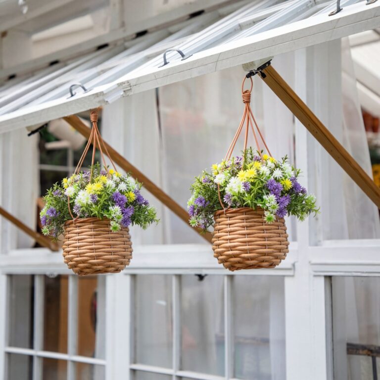 13' UV Resistant Artificial Dandelion and Rosemary in Woven Hanging Basket Indoor Outdoor - Set