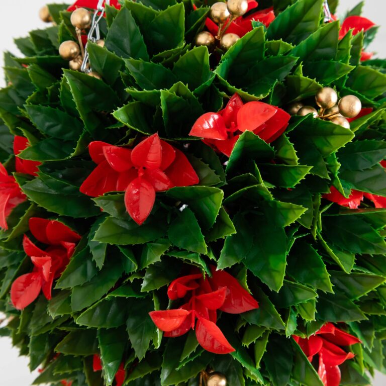 Close-up of craft detail close-up on this 15 inch UV Resistant Artificial Red Tip Photinia
