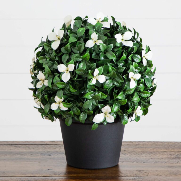 15 inch UV Resistant Artificial Boxwood and Gardenia Topiary Plant Indoor Outdoor