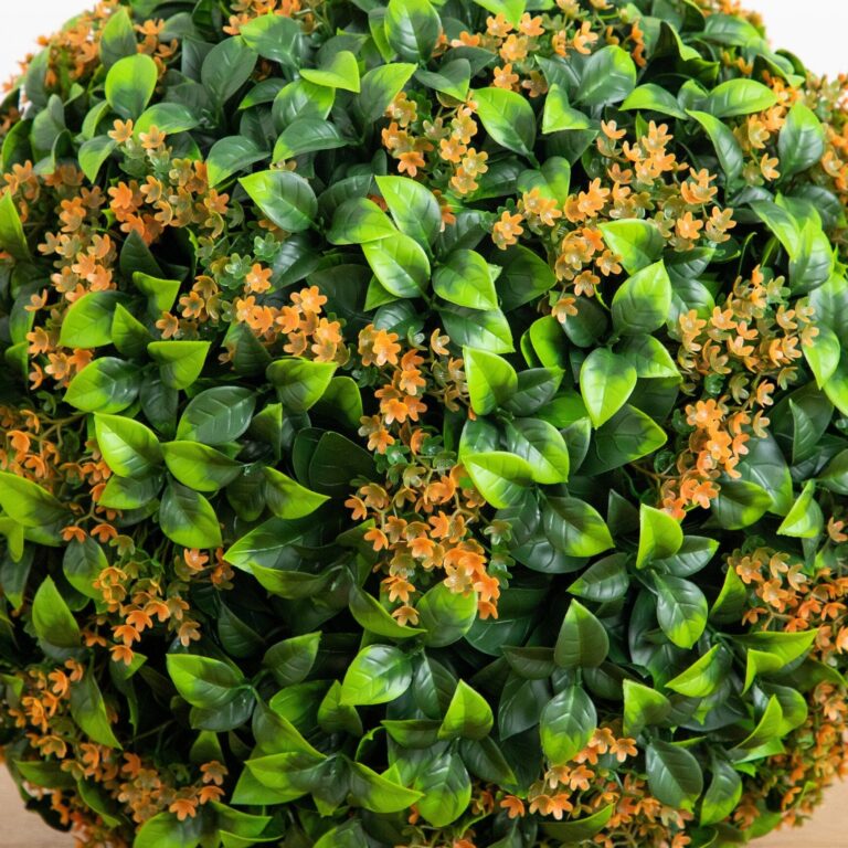 Close-up of leaf foliage texture on this 14' UV Resistant Artificial Flowering Boxwood Ball Indoor